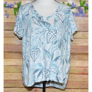 Tahari Womens Blue Linen V-Neck Short Sleeve Shirt Top Plus Size 1X Leaf Pattern